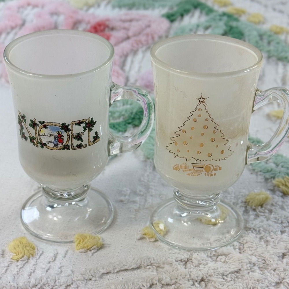 Vintage Christmas Frosted Glass Candle Holder Mugs Set Noel and Gold Tree 2pc